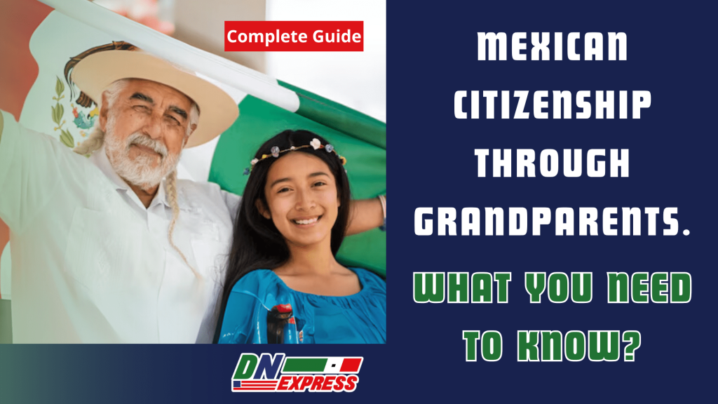 A Mexican grandfather and his granddaughter smiling together in front of the flag of Mexico.