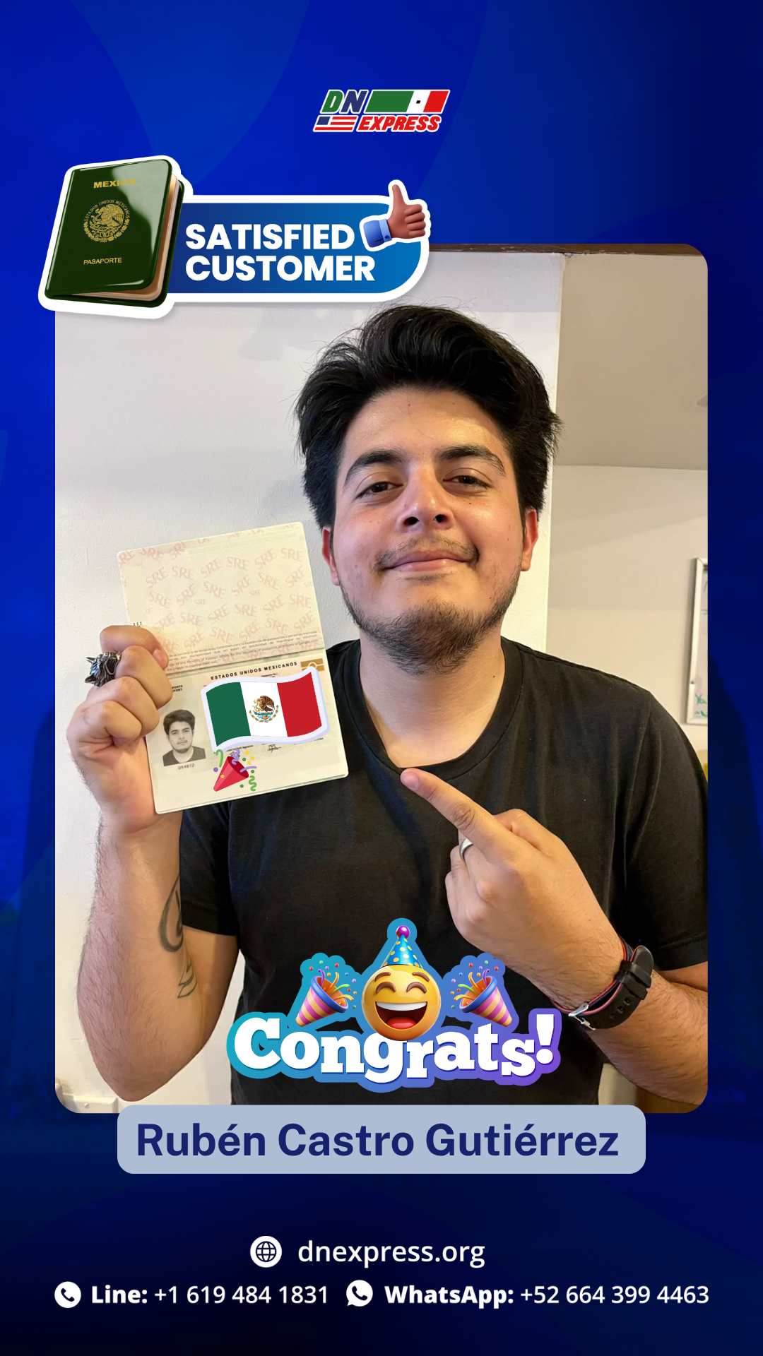 DNExpress satisfied customer Rubén Castro Gutiérrez holding approved Mexican passport in 2026