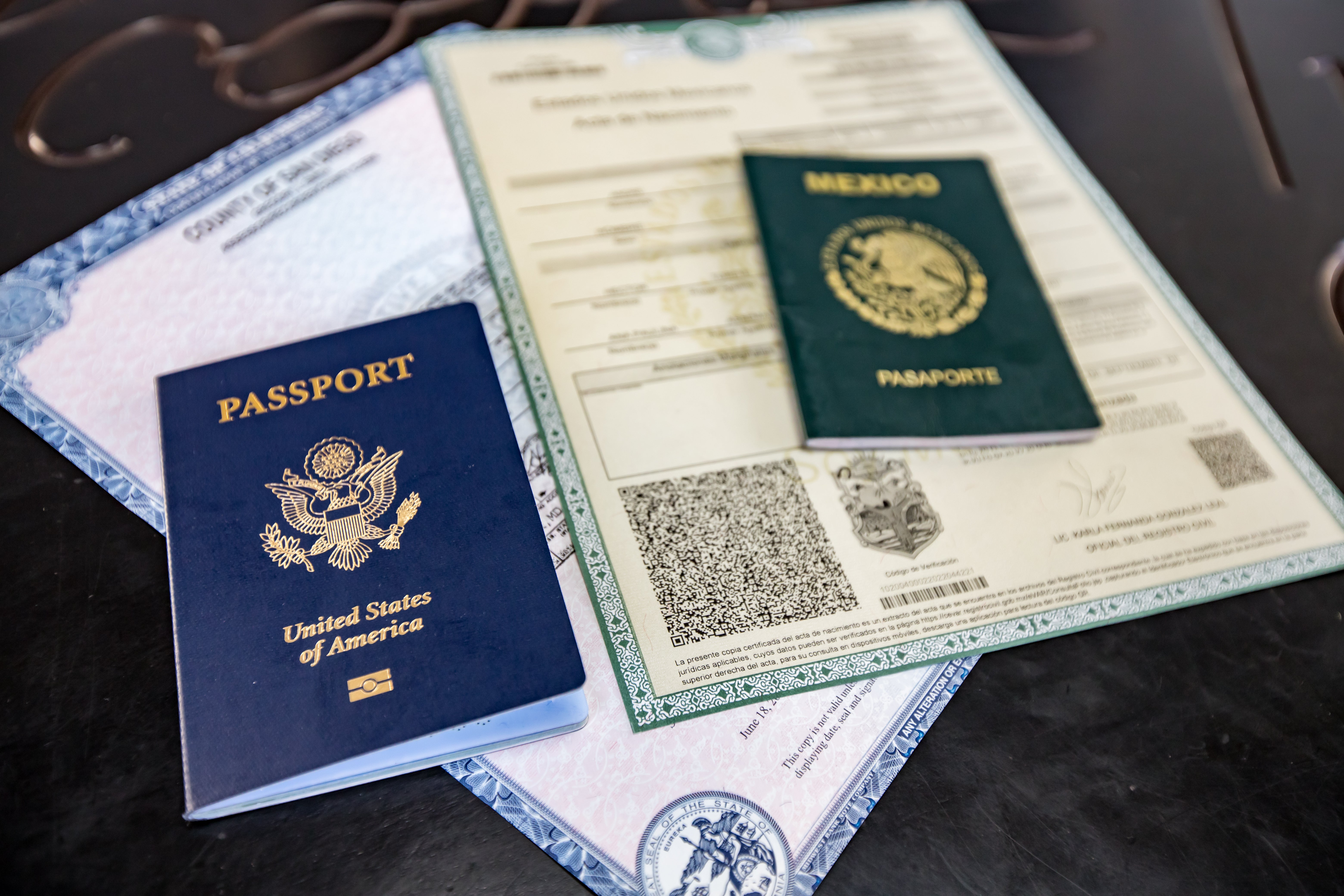US and Mexican passports with birth certificates showing documents needed to prove citizenship through great-grandparents